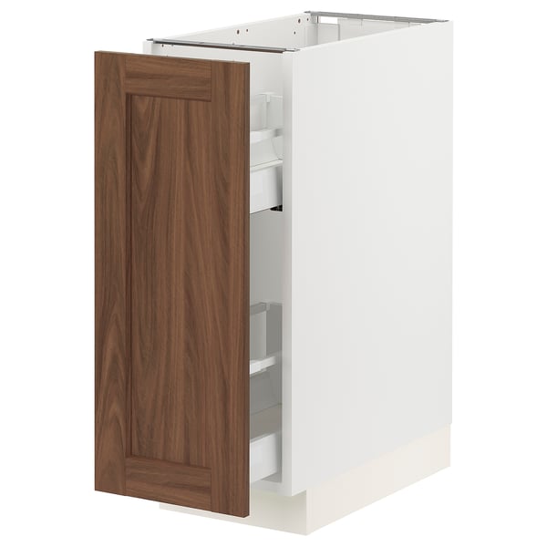 White SEKTION kitchen cabinet with walnut front, three pull-out shelves, and extendable drawers.