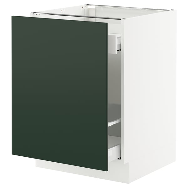 SEKTION modern kitchen cabinet in green with white base, rectangular shape, and drawers.