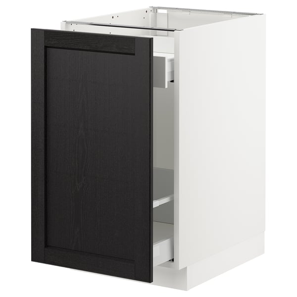 Depicts a white SEKTION kitchen cabinet with a black stained lerhyttan door, featuring a modern design with bevelled edges.