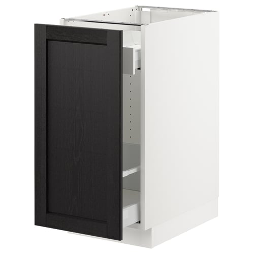 White and black kitchen cabinet with bevelled door.