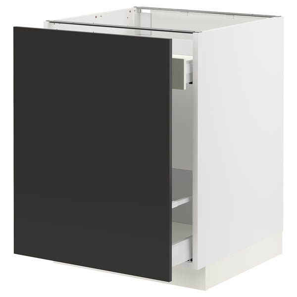 An ikea SEKTION kitchen cabinet with a matt black nickebo door. The cabinet has a white frame and a high drawer with a metallic rail.