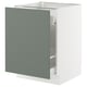 White ikea SEKTION kitchen cabinet with grey-green door open.