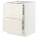 Off-white SEKTION kitchen cabinet with two drawers and one door, bevelled edges, smooth surfaces, metallic hardware.