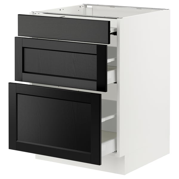 A white SEKTION kitchen unit with black stained ash drawers featuring traditional design and bevelled edges.