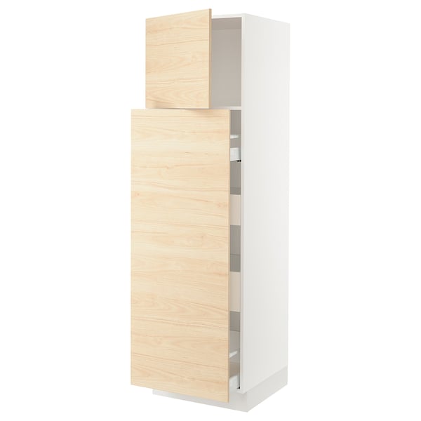 A white SEKTION kitchen cabinet with light ash wood doors, featuring adjustable shelves and a modern design.