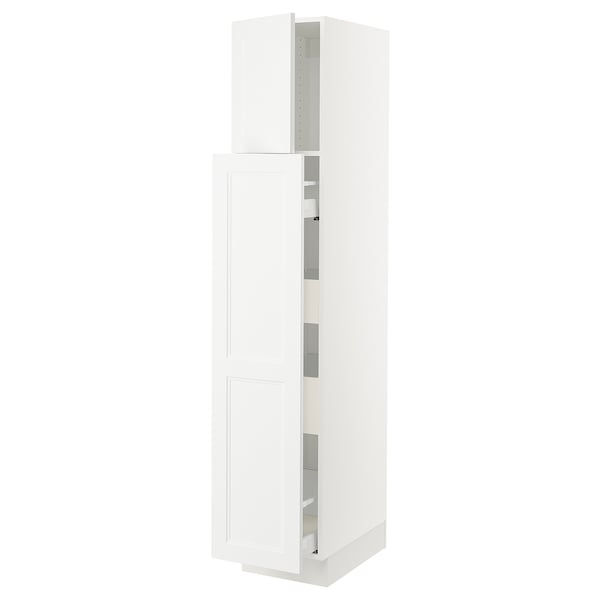 White SEKTION kitchen cabinet with adjustable shelves and soft-close hinges.