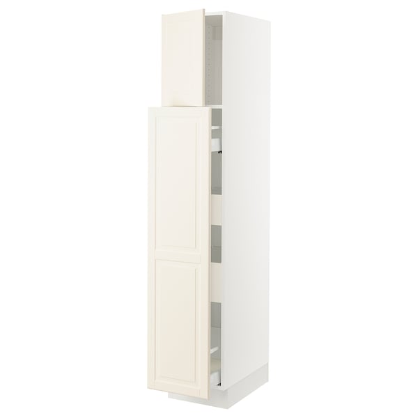 An off-white, tall kitchen cabinet from IKEAs SEKTION system with adjustable shelves and a classic design.