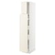 An off-white, tall kitchen cabinet from IKEAs SEKTION system with adjustable shelves and a classic design.