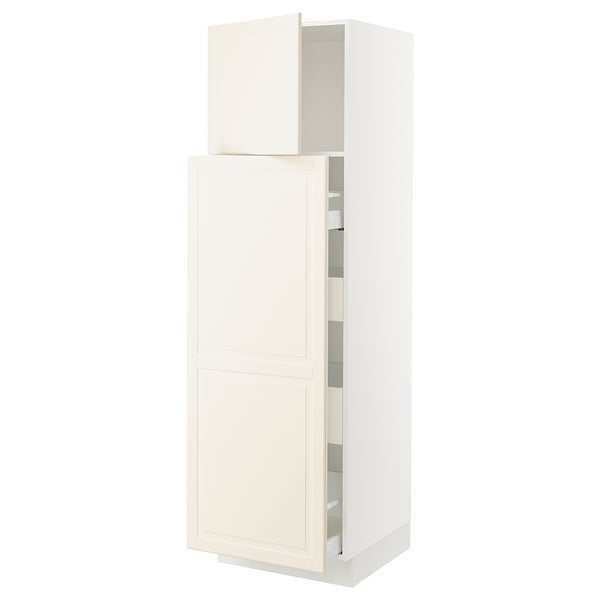Off-white kitchen cabinet, part of the SEKTION system, with double doors, adjustable shelves. Simple, bevelled design.