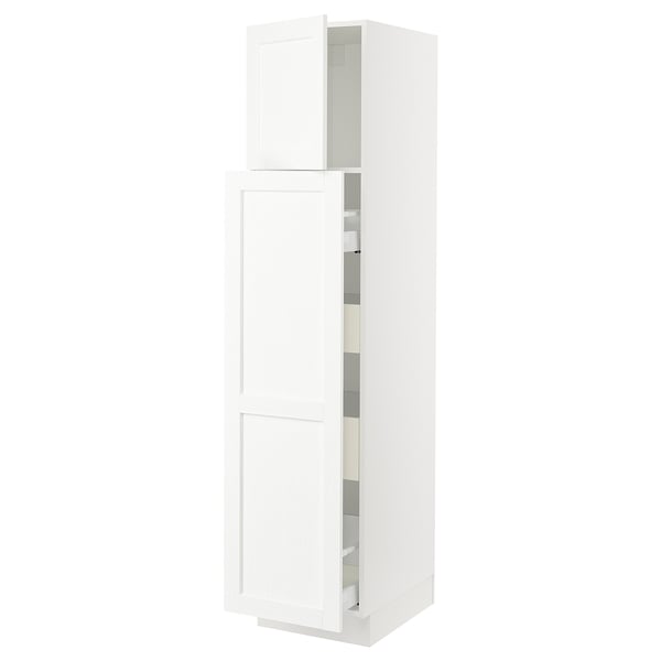 A white, tall kitchen cabinet from IKEAs SEKTION system with adjustable shelves and a door that can open either way.
