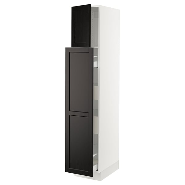 Vertical white cabinet with black doors and shelves.