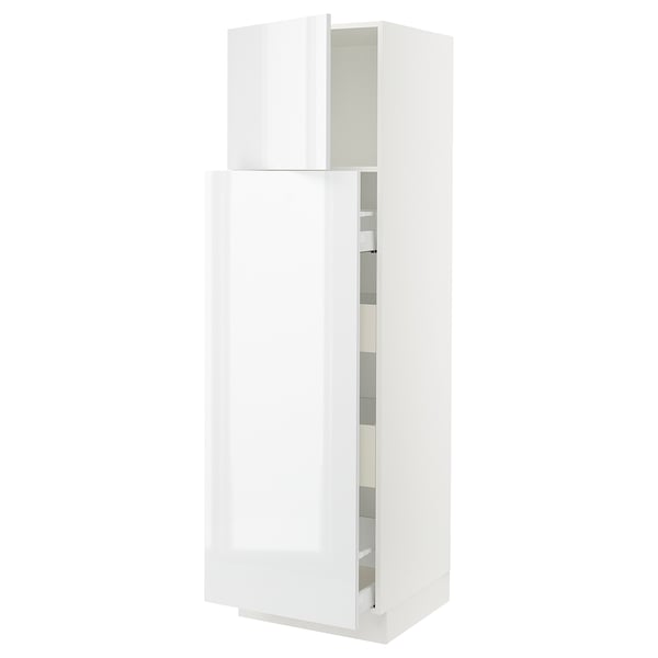 Modern white high gloss cabinet, sleek rectangular design, adjustable shelves, and smooth finish.