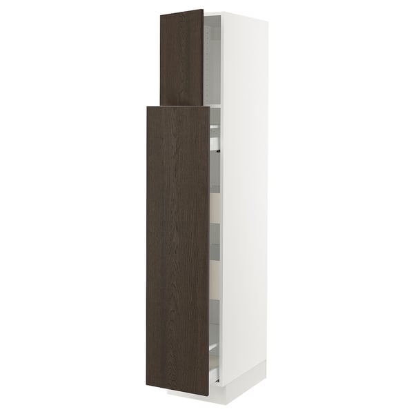 Ikea SEKTION kitchen cabinet, white and dark brown wood, tall with open door.