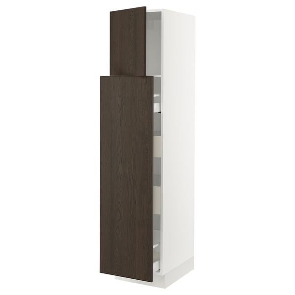 Modern kitchen cabinet in white with dark brown wooden doors. Adjustable shelves and soft-close hinges.