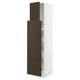 Modern kitchen cabinet in white with dark brown wooden doors. Adjustable shelves and soft-close hinges.