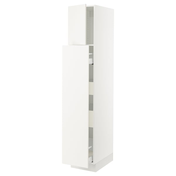 A white SEKTION kitchen cabinet with two doors and multiple shelves. It has a sleek, modern design with clean lines.