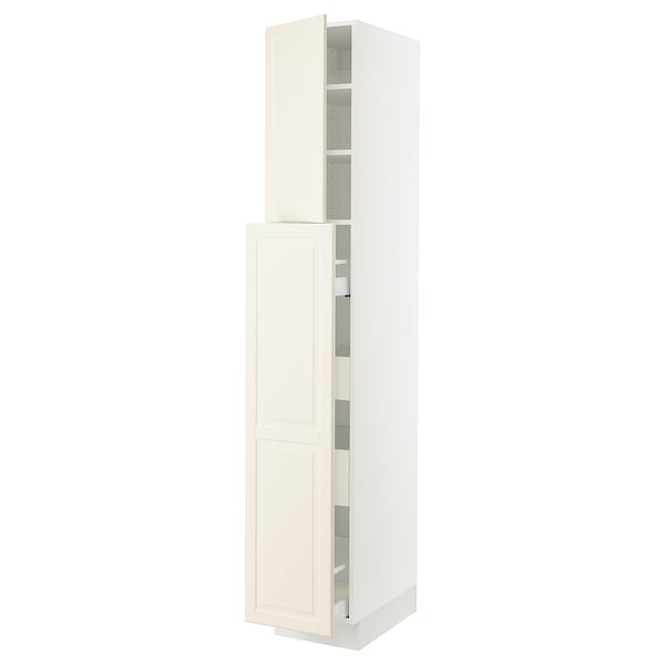 White SEKTION kitchen cabinet with off-white doors and adjustable shelves.