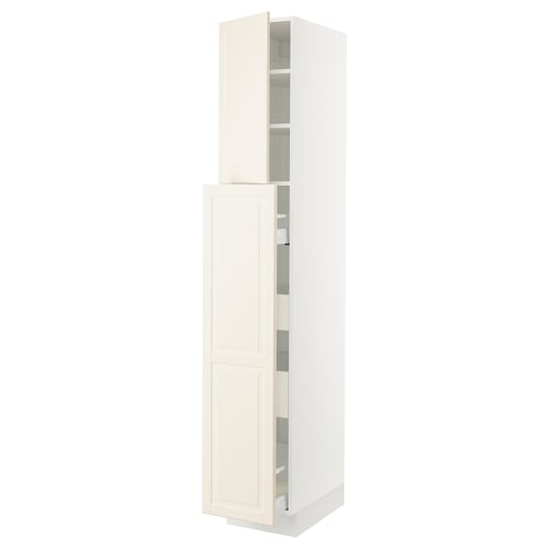 White SEKTION kitchen cabinet with off-white doors and adjustable shelves.