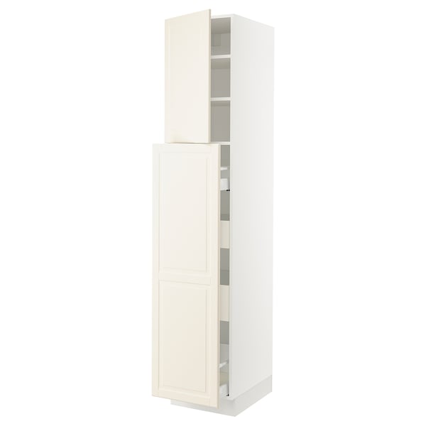 An off-white SEKTION kitchen cabinet with adjustable shelves and soft-closing drawers. It has a sleek design with bevelled edges.