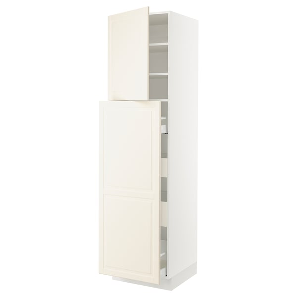 White SEKTION kitchen cabinet with bevelled edges, open doors, and drawers.