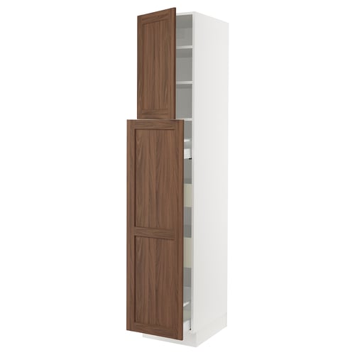 SEKTIONs tall kitchen cabinet with walnut-style door and adjustable shelves.