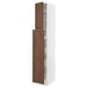 SEKTION kitchen cabinet in white with brown wooden doors, tall and narrow, featuring multiple shelves and soft-close hinges.