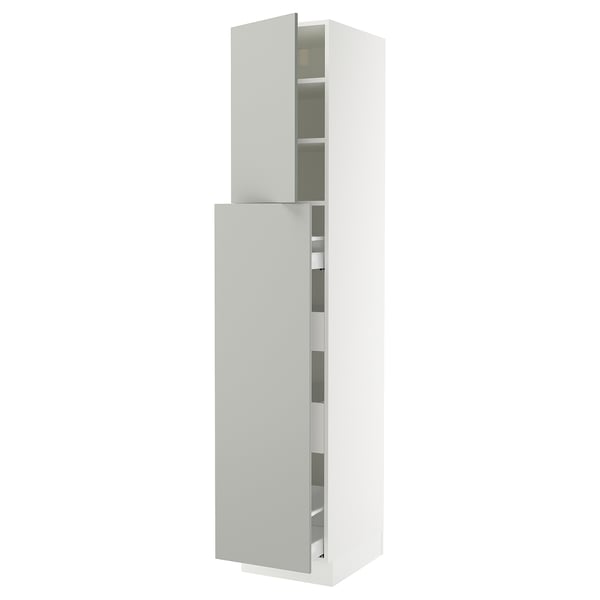 SEKTION kitchen cabinet in light grey with adjustable shelves and soft-closing hinges.