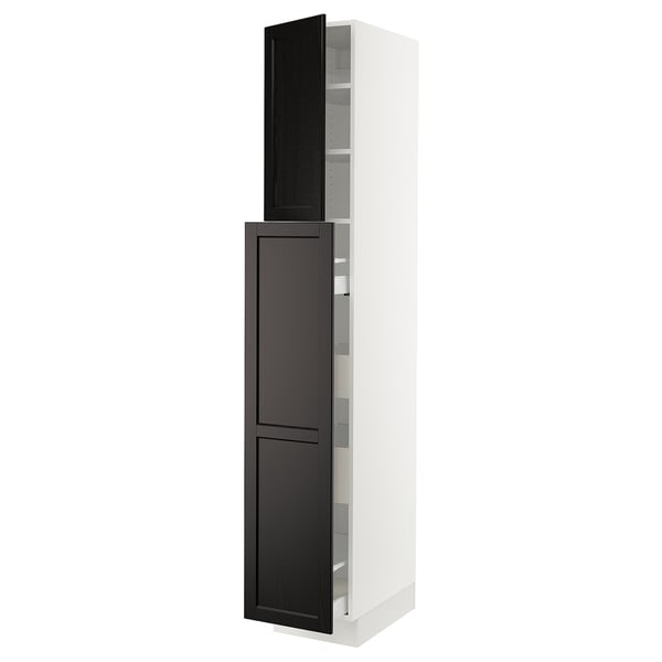 An ikea SEKTION kitchen cabinet with dark stained wood doors and white frame, featuring a tall design with both drawers and open shelves.
