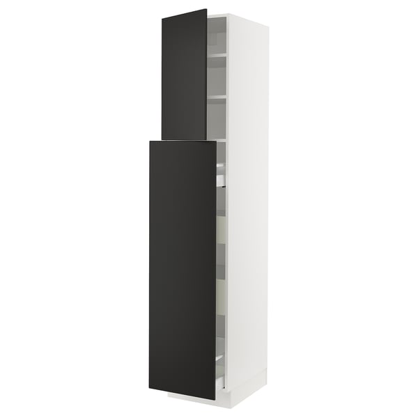 SEKTION kitchen cabinet in black and white with adjustable shelves and soft-closing doors.