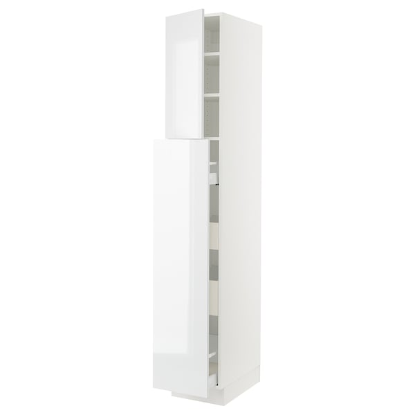White high gloss kitchen cabinet, single door, adjustable shelves.