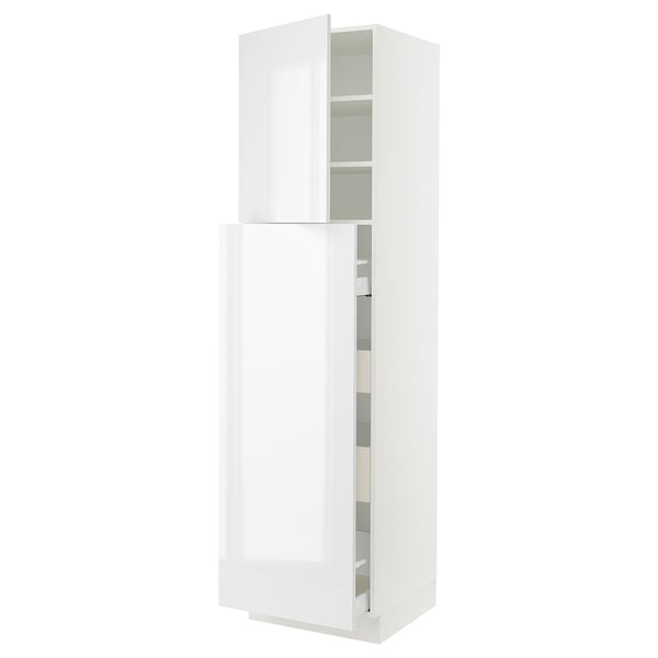 White SEKTION kitchen cabinet with glossy finish and adjustable shelves.