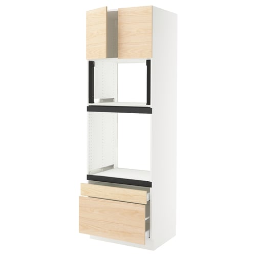 SEKTION kitchen unit in white with light ash wood drawers and upper cabinets.