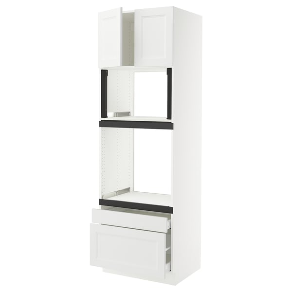 White SEKTION kitchen unit with drawers, doors, and open shelves.