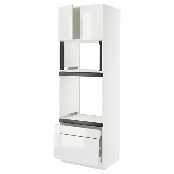 White kitchen cabinet with glossy finish, drawers, shelves.
