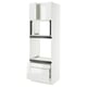 White kitchen cabinet with glossy finish, drawers, shelves.