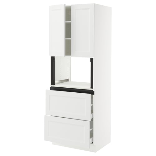 White kitchen cabinet set, with four drawers at bottom, two doors at top, sleek modern design, made from recycled plastics.