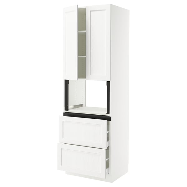 Modern white kitchen cabinet, tall with drawers, textured doors.