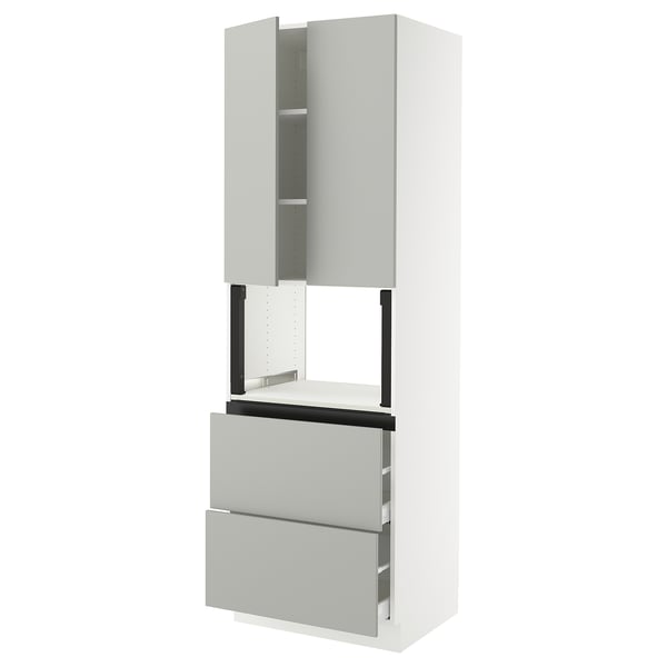 Modern, white and grey kitchen unit with high cabinet, drawers, and metal handles.