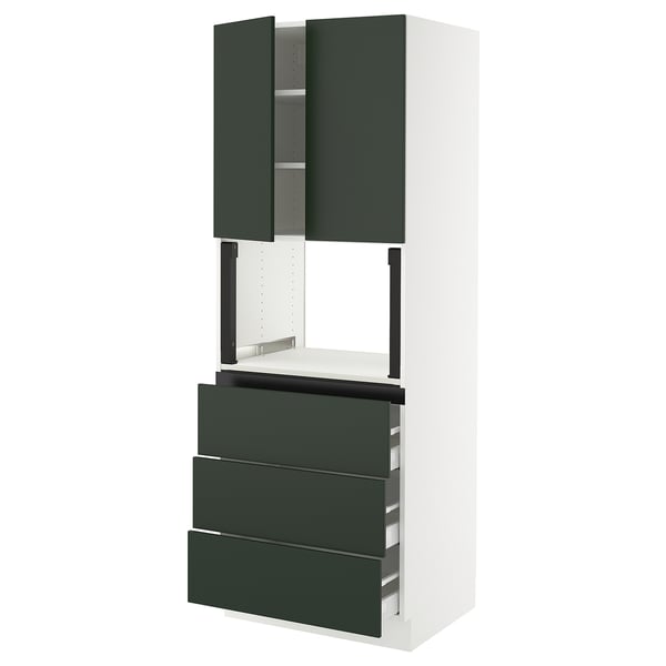 SEKTION kitchen unit in green with drawers and shelves.