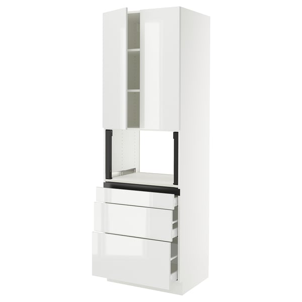 A white SEKTION kitchen unit with glossy doors and drawers, featuring a high cabinet and multiple storage compartments.