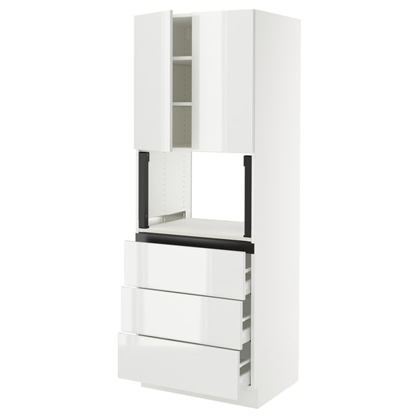 A white SEKTION kitchen cabinet with glossy drawers and shelves. Modern design with sleek lines and organised storage.