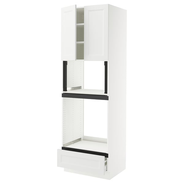 Pictured: SEKTION white kitchen cabinet set. Modern design, includes tall cabinet with drawers and shelves. White, sleek, and functional.