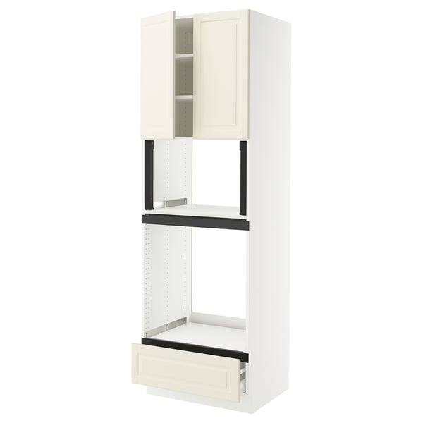 A white SEKTION kitchen cabinet with off-white doors and drawer, including an open drawer and an adjustable shelf.
