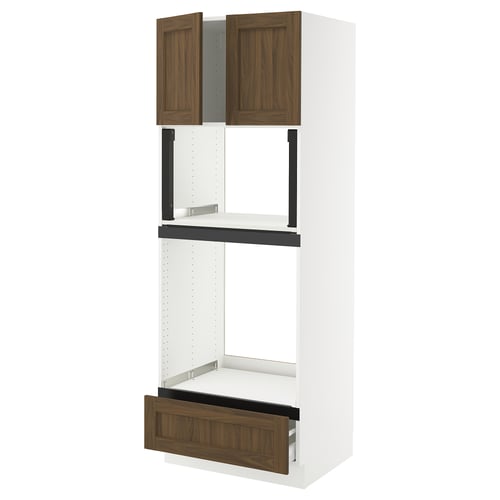 SEKTION kitchen cabinet, white with walnut drawers and doors, tall, rectangular shape.