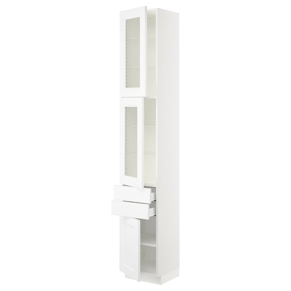 A white SEKTION kitchen cabinet with glass doors and drawers. It has a sleek, modern design.