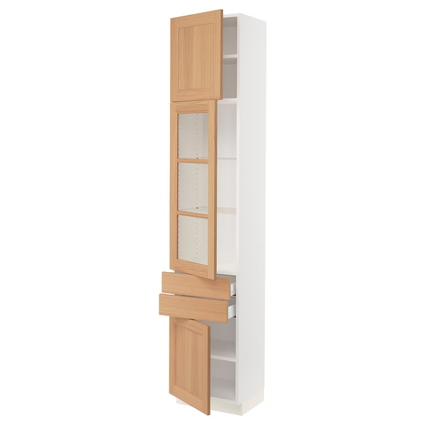 White tall kitchen cabinet with oak drawers and glass doors.