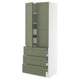 Green ikea SEKTION kitchen cabinet with 3 drawers & 2 open shelves.