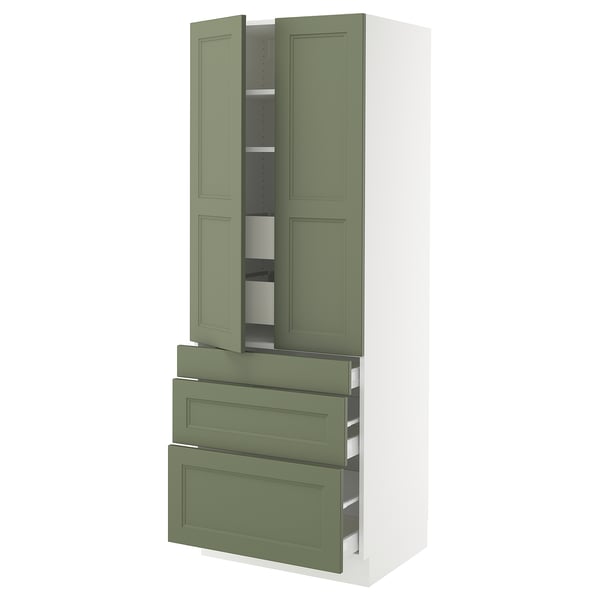 SEKTION kitchen cabinet in green with two drawers and two adjustable shelves.