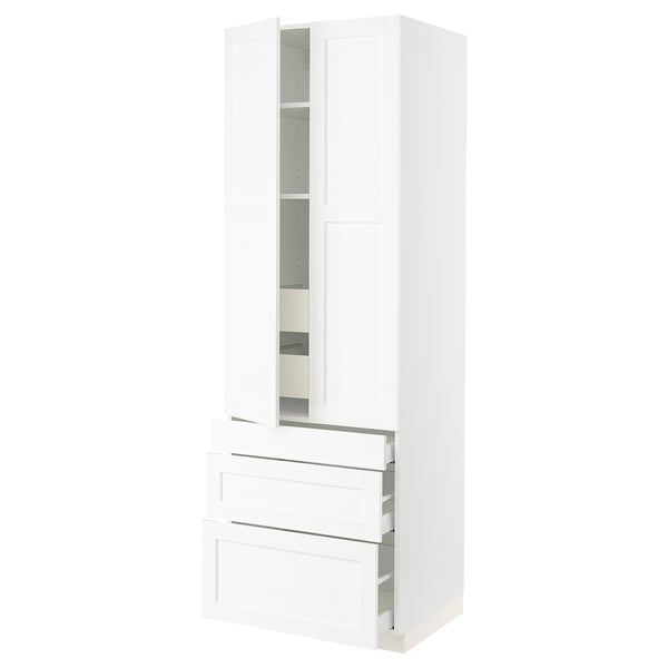 A white SEKTION kitchen cabinet with doors and drawers. It a modern design with a sleek finish.