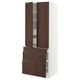 Dark brown oak-veneer drawers and doors with white cabinet, modern kitchen storage unit.